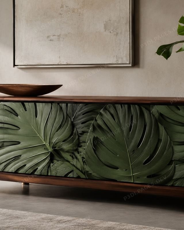 Tủ sideboard P3DI, mặt cánh in 3D họa tiết lá Monstera, gỗ óc chó